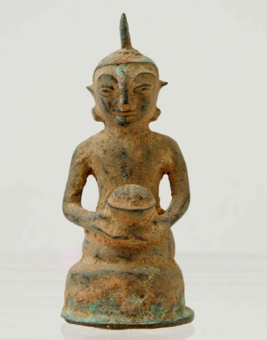 Antique Burmese Bronze Kneeling Devotee Offering Flowers