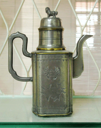 Squared-shaped Chinese Pewter Teapot engraved with poems